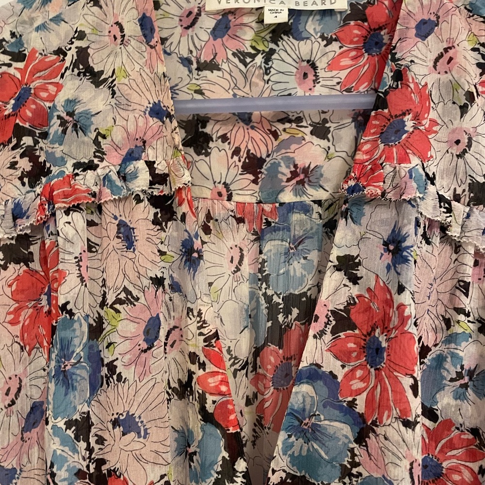 Veronica Beard Dakota Ruched Floral Print Silk Dress 4 Mini Blue Red Ruffle - Picture 2 of 4